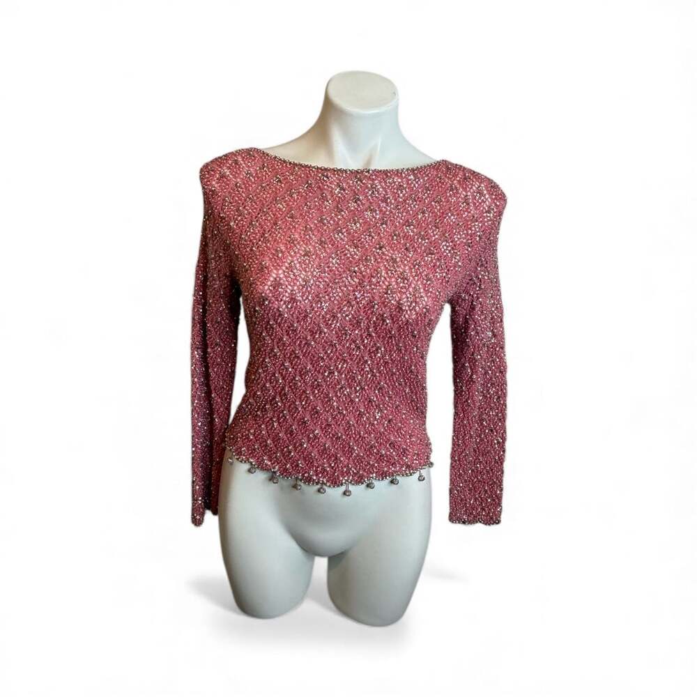 Vintage Pink Beaded Sequin Knit Long Sleeve Top